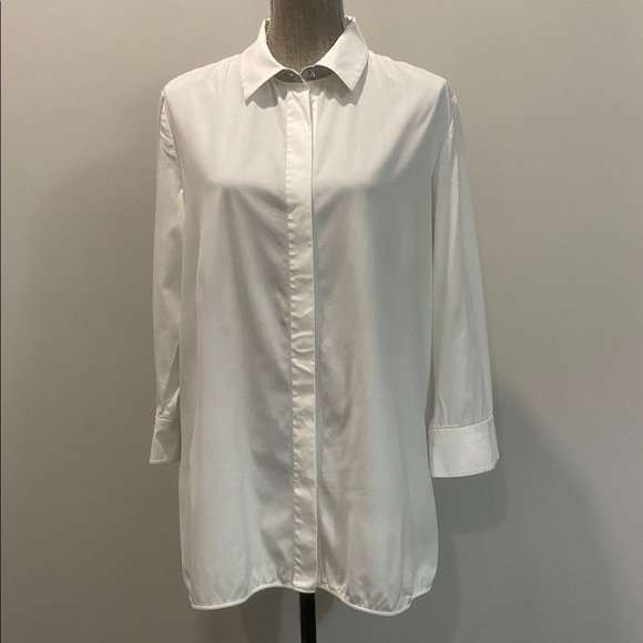 Lafayette 148 New York White Long Cotton Blouse Split Sides Size large - Picture 2 of 16